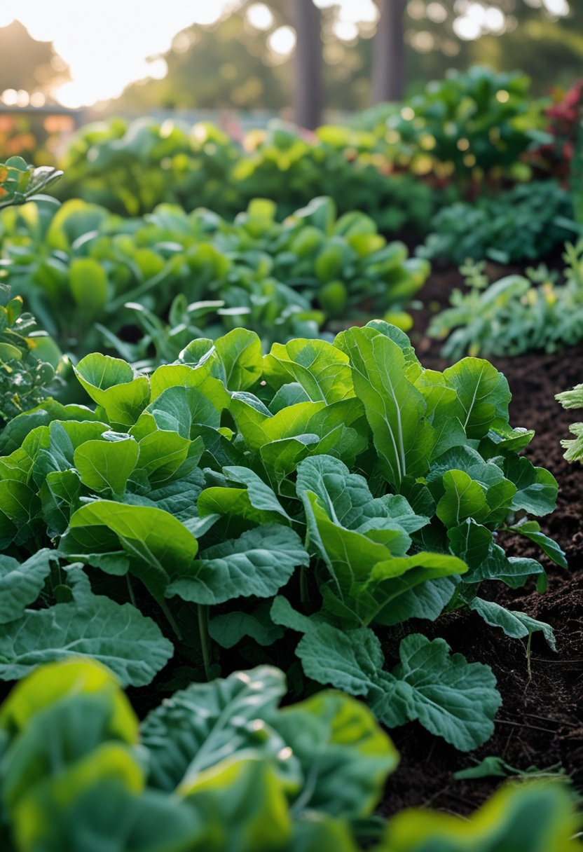 A garden bed filled with healthy Florida Broadleaf mustard greens growing in a Central Florida vegetable garden.
