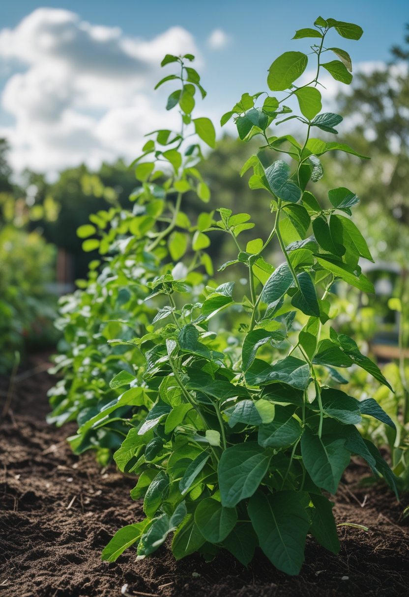 A garden bed with healthy green bush bean plants growing in rich soil under natural sunlight.