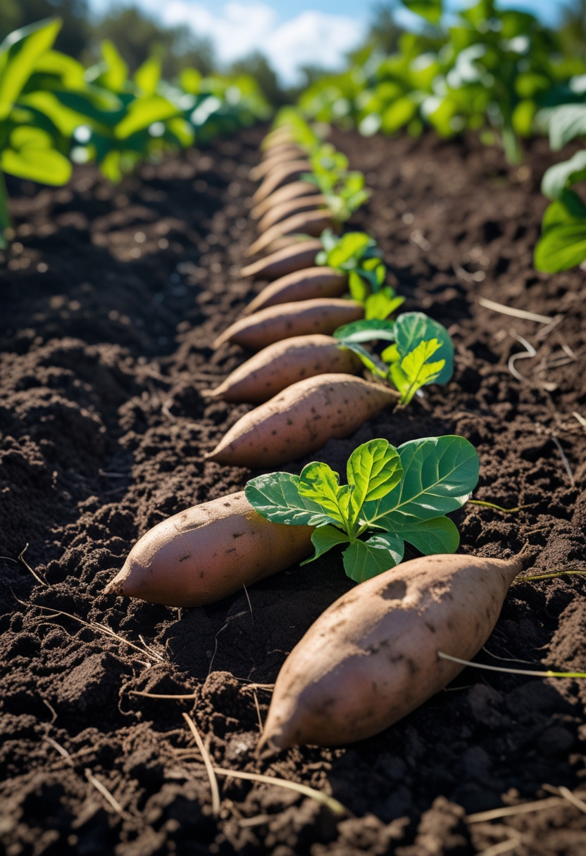 Fresh Beauregard sweet potato slips with green leaves resting on soil in a vegetable garden under a clear sky.