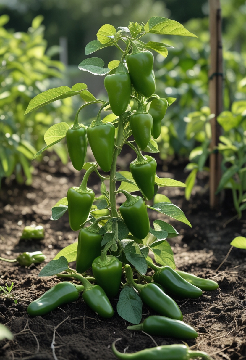 Two types of peppers, Cubanelle and Jalapeño M, growing on green plants in a sunny vegetable garden.