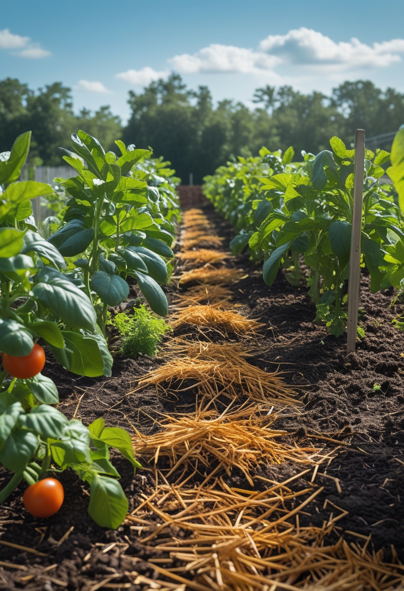 A vegetable garden with tomato and pepper plants growing in soil covered by pine straw and cocoa mulch under sunlight.