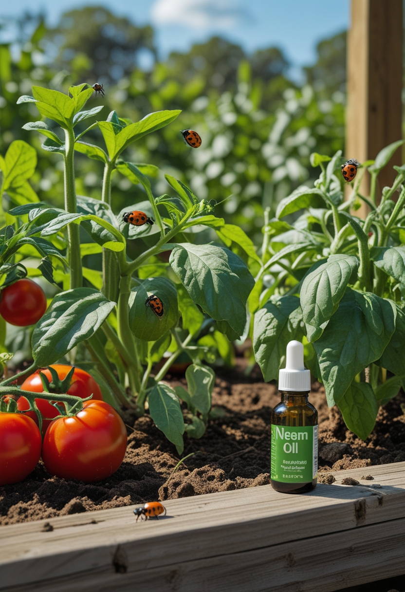 A vibrant vegetable garden with healthy plants, beneficial insects on leaves, and a small bottle of neem oil on a wooden surface nearby.