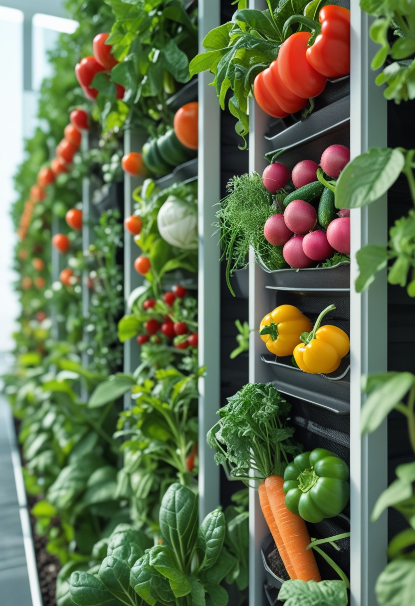 A vertical garden with ten different types of vegetables growing in organized rows of planter boxes, showing healthy green leaves and colorful vegetables.