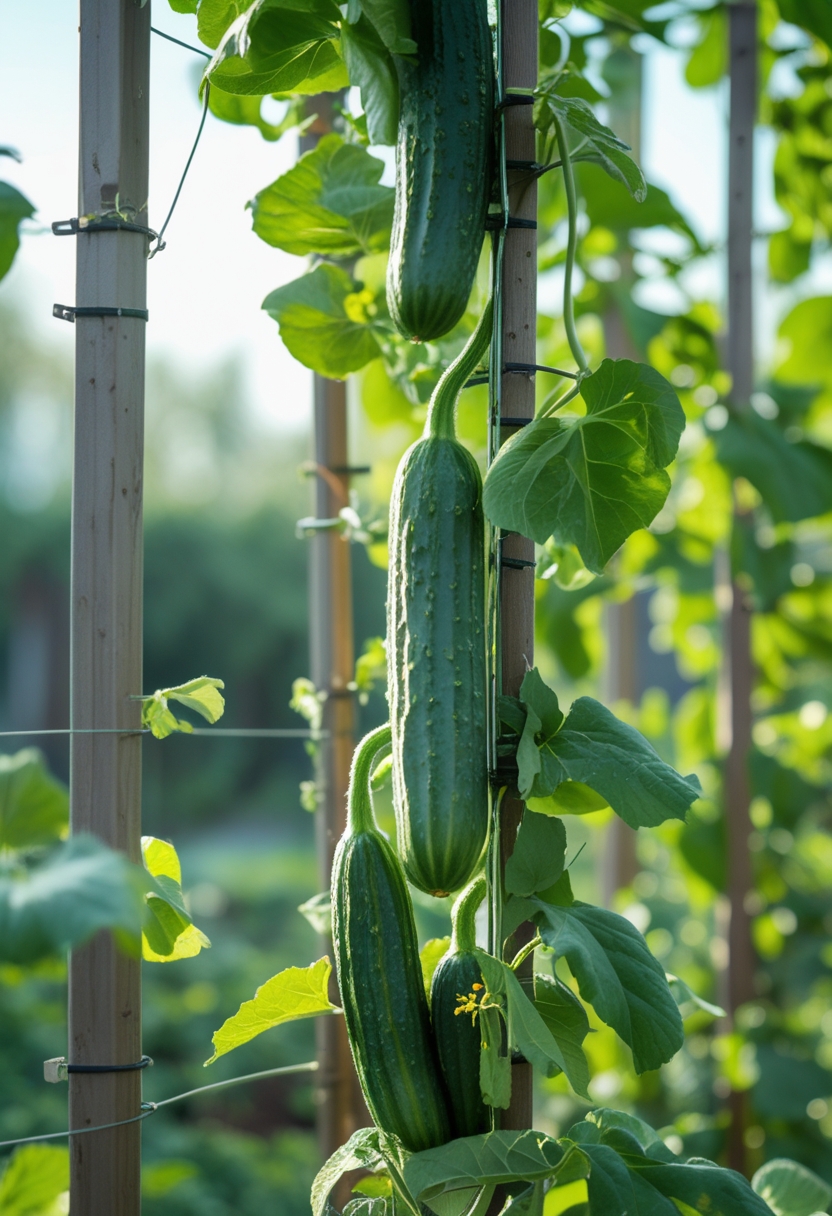 Vertical garden with healthy vining cucumber plants growing on trellises outdoors.