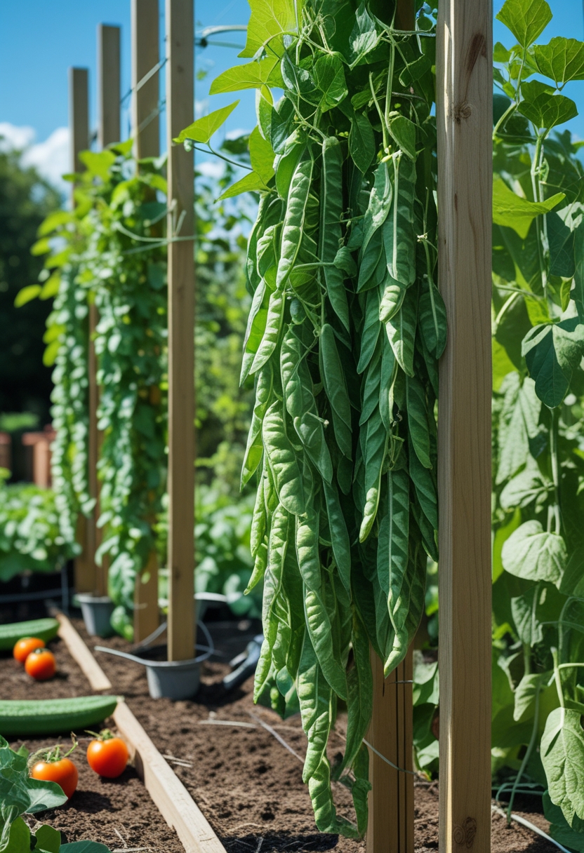 A vertical garden with tall wooden trellises supporting lush green Kentucky Wonder pole beans and other vegetables growing outdoors under a clear sky.