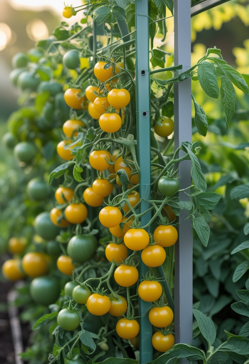 A vertical garden with indeterminate Sungold tomatoes and nine other types of vegetables growing on trellises outdoors.