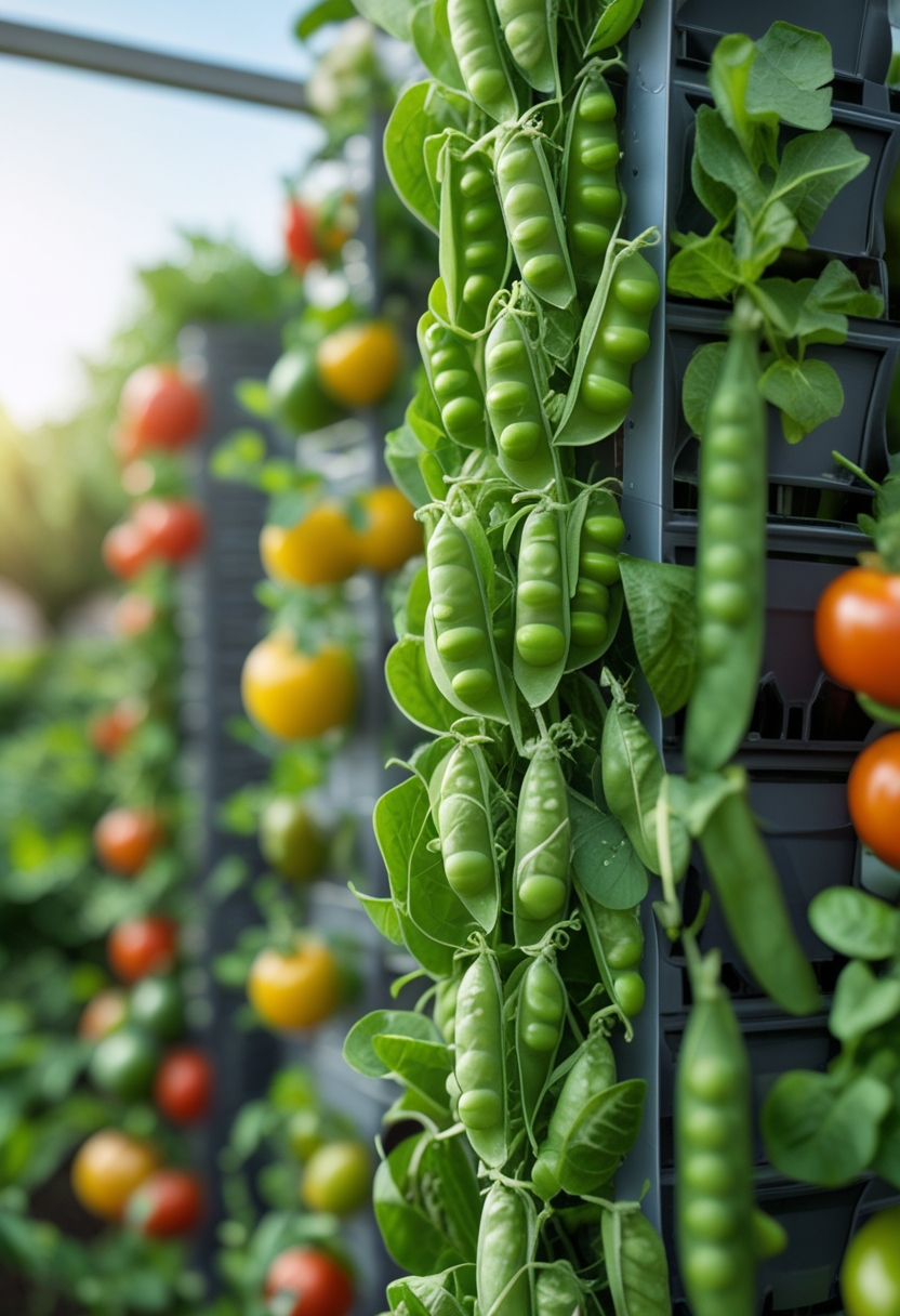 A vertical garden with ten types of vegetables, including green pea plants climbing trellises with visible pea pods, surrounded by other vegetables growing in vertical planters outdoors.