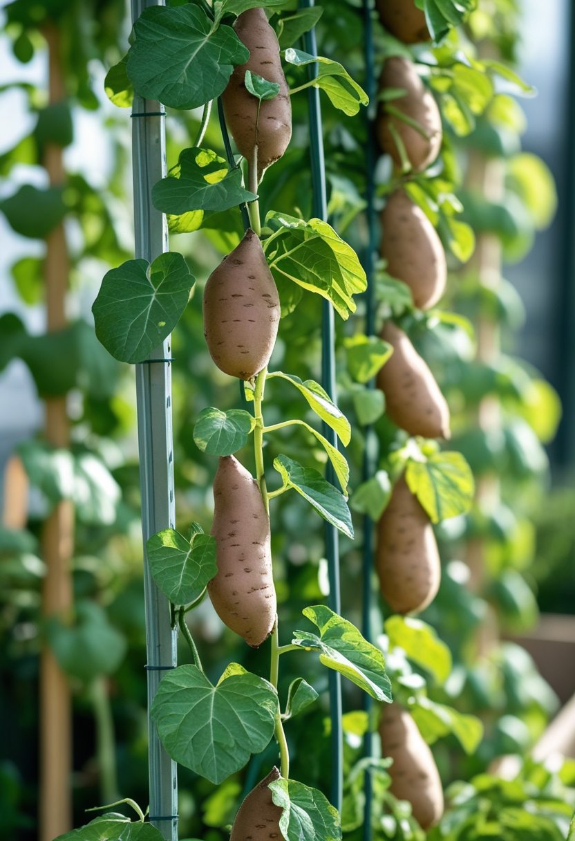 A vertical garden with green sweet potato vines climbing a trellis outdoors.