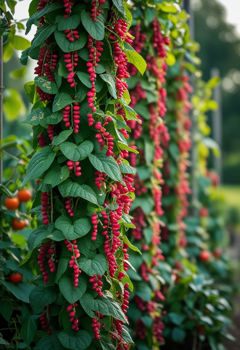 A vertical garden with scarlet runner beans growing on trellises alongside other vegetables in bright daylight.