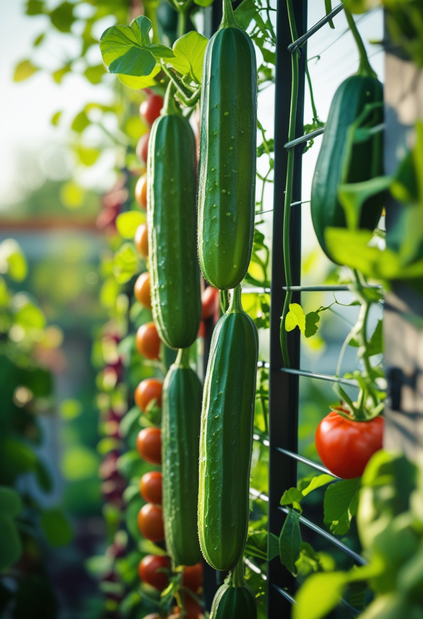 Fresh slicing cucumbers growing vertically on a trellis among various other vegetables in a lush garden.