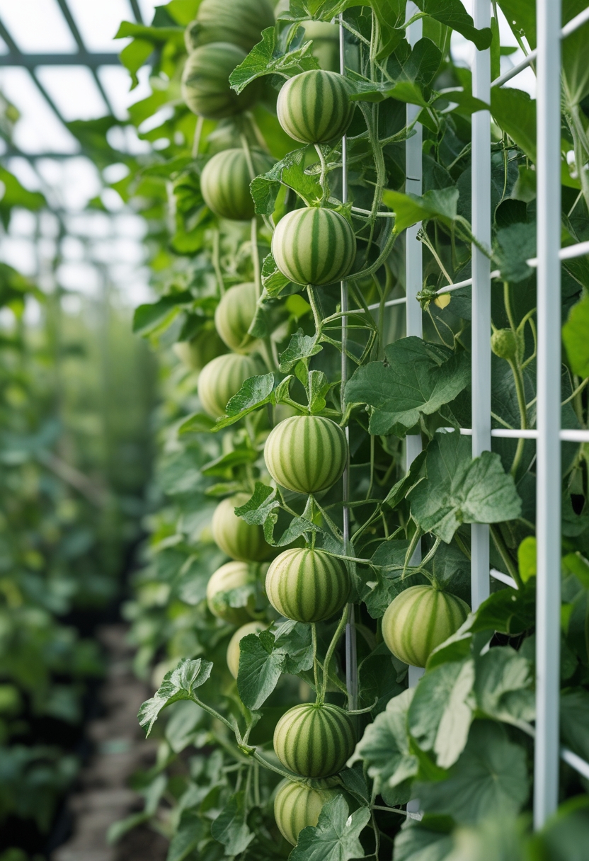 Compact melon plants with small melons growing on a vertical trellis in a sunny vegetable garden.