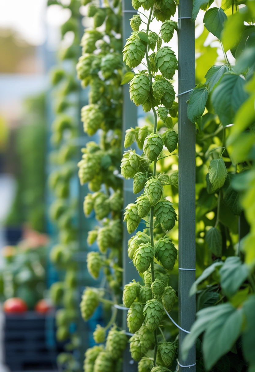 Vertical garden with green hops vines climbing trellises alongside other vegetables like tomatoes and beans.