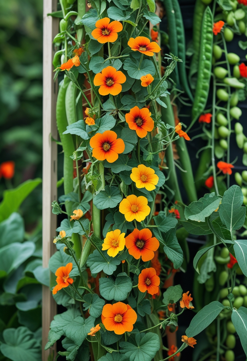 A vertical garden with climbing nasturtiums and other vegetables growing on a trellis, showing bright orange and yellow flowers and green leaves.
