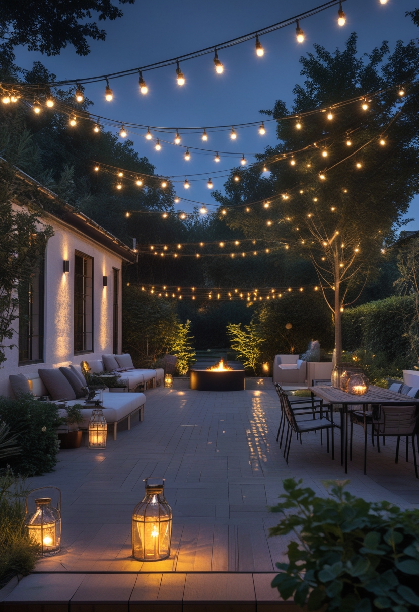 Outdoor patio at dusk with various lighting sources including string lights, lanterns, candles, and a fire pit illuminating the seating and garden area.