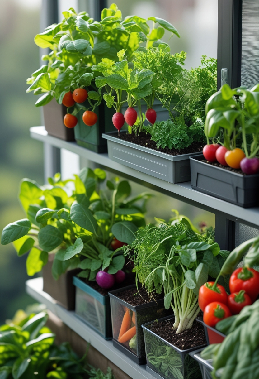 A small space vegetable garden with ten different types of vegetables growing in containers on a balcony.
