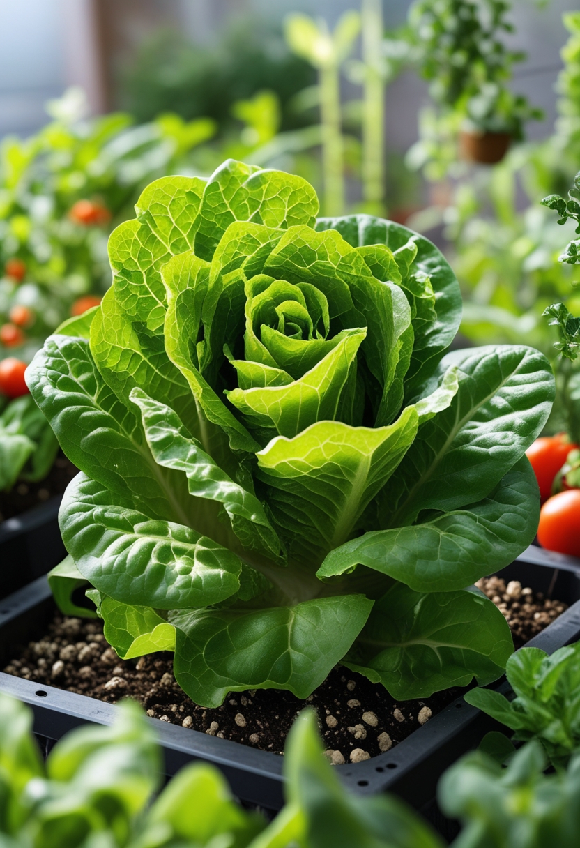 A compact romaine lettuce plant growing in a small garden container surrounded by other vegetables in an outdoor setting.