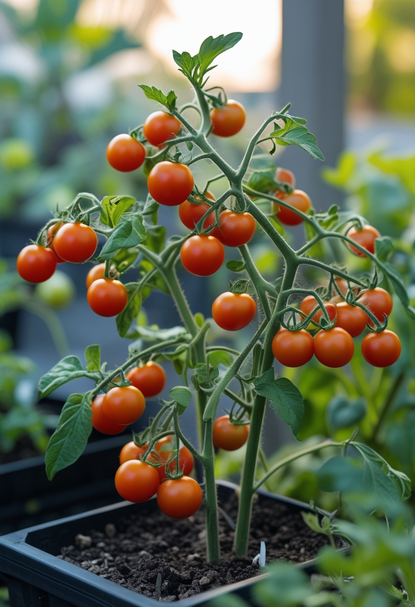 A bush cherry tomato plant with ripe red tomatoes growing in a small container garden outdoors.
