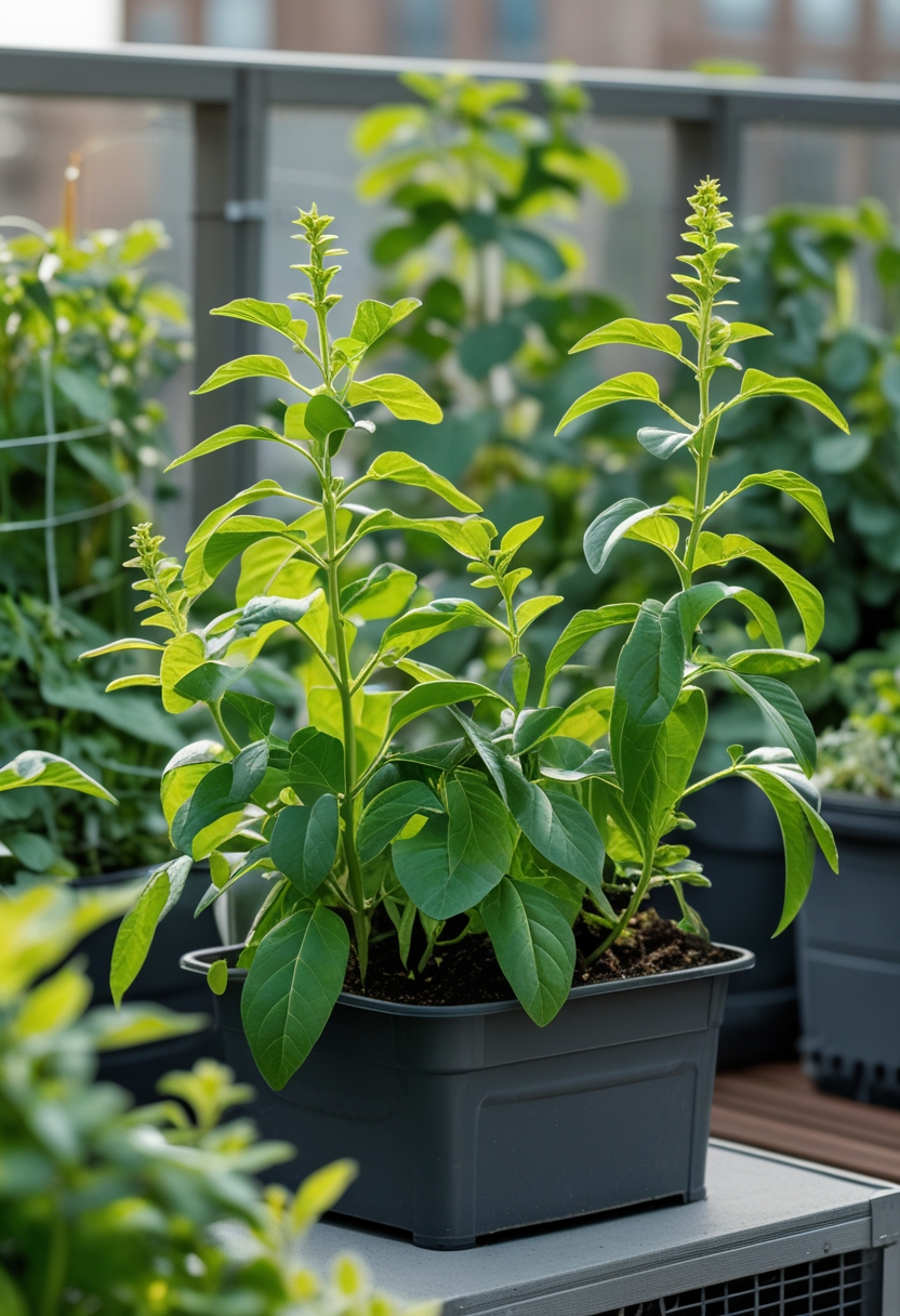 Green bush bean plants growing in containers on a small balcony garden with other potted vegetables.