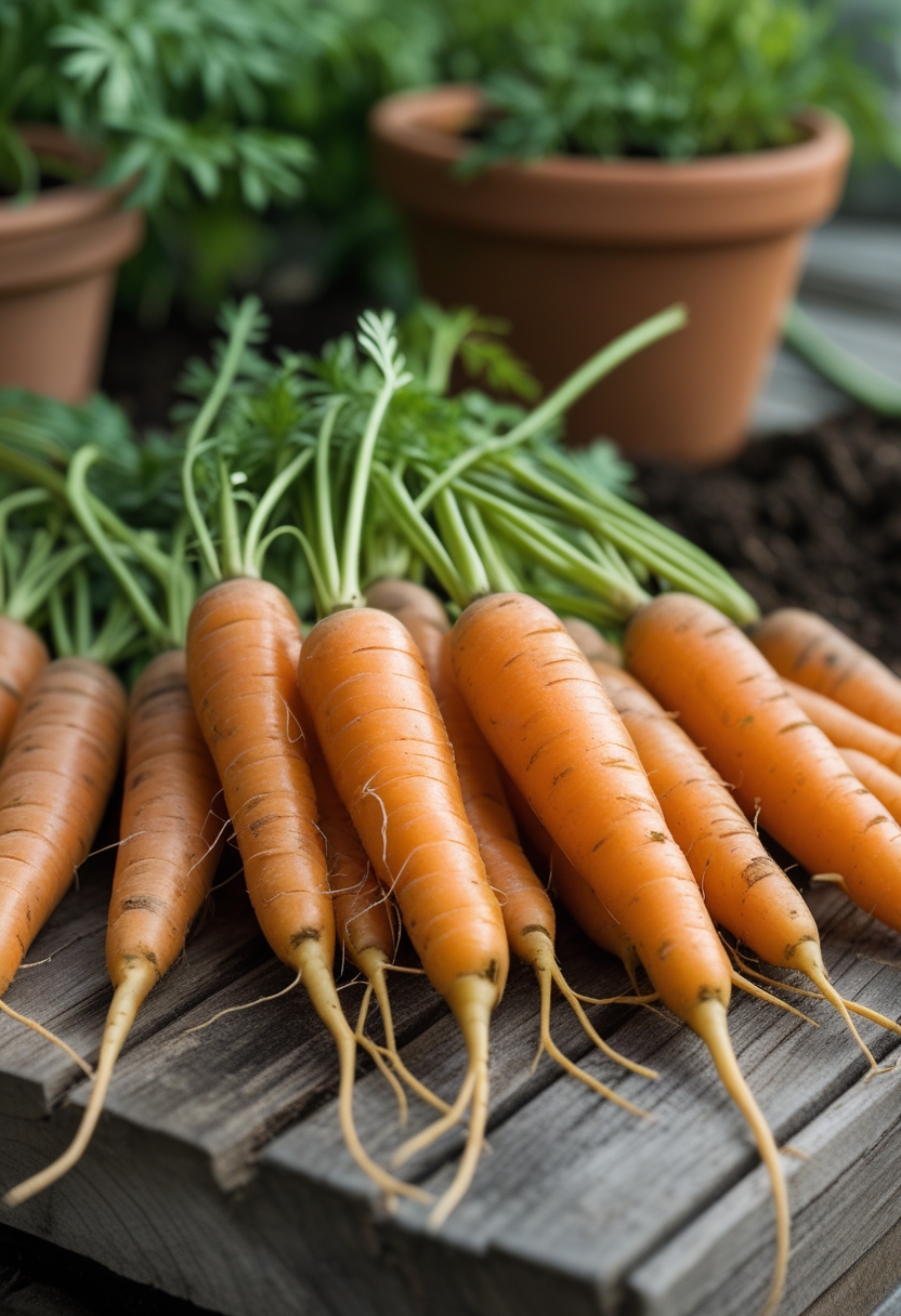 Close-up of freshly harvested small baby carrots with green tops on a wooden surface, surrounded by gardening elements.
