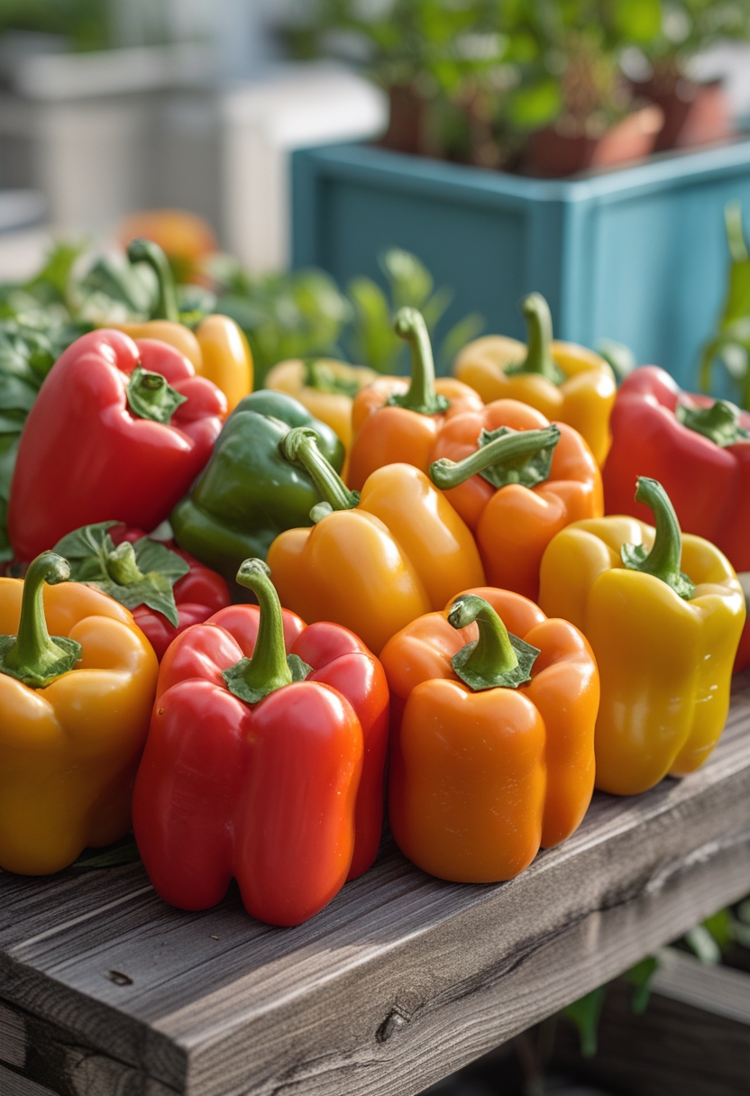 A cluster of small colorful bell peppers on a wooden surface with a blurred small urban garden in the background.