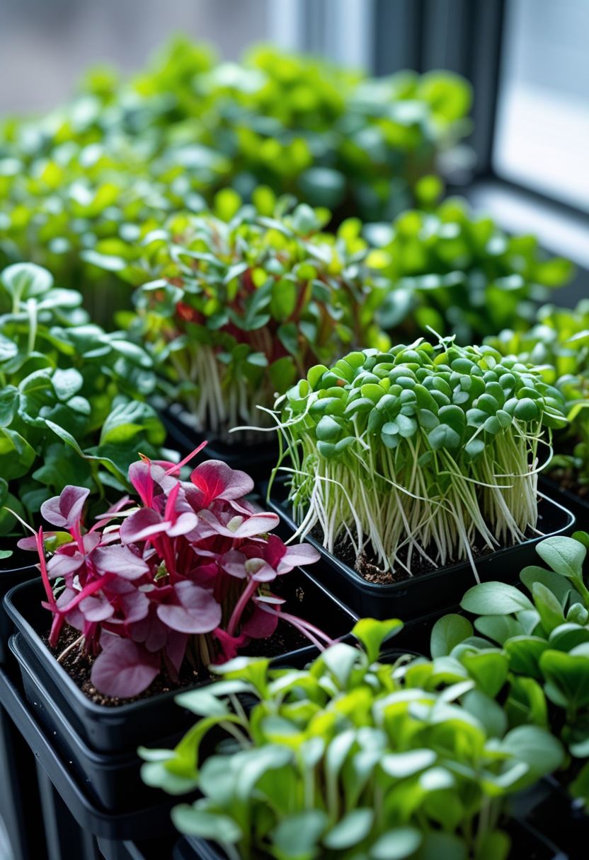 Close-up of fresh arugula, radish, and mustard microgreens growing in small containers indoors.