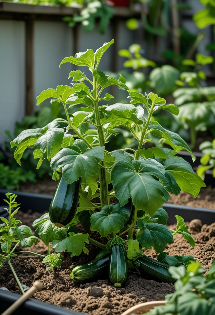 A compact 'Black Beauty' zucchini plant growing in a small space garden with dark green zucchinis and green leaves.