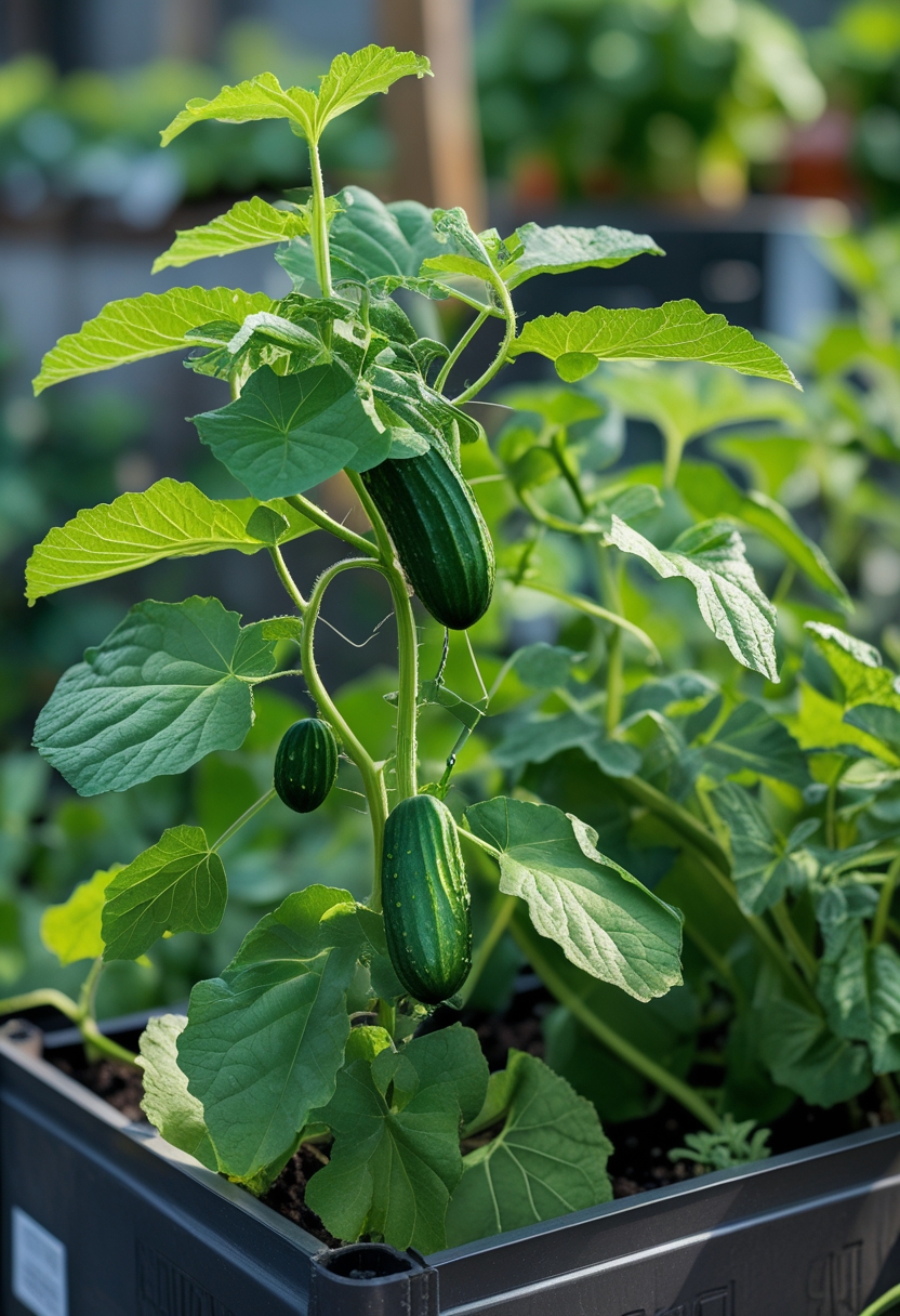 A dwarf cucumber plant with small cucumbers growing in a compact garden container surrounded by other small vegetables.