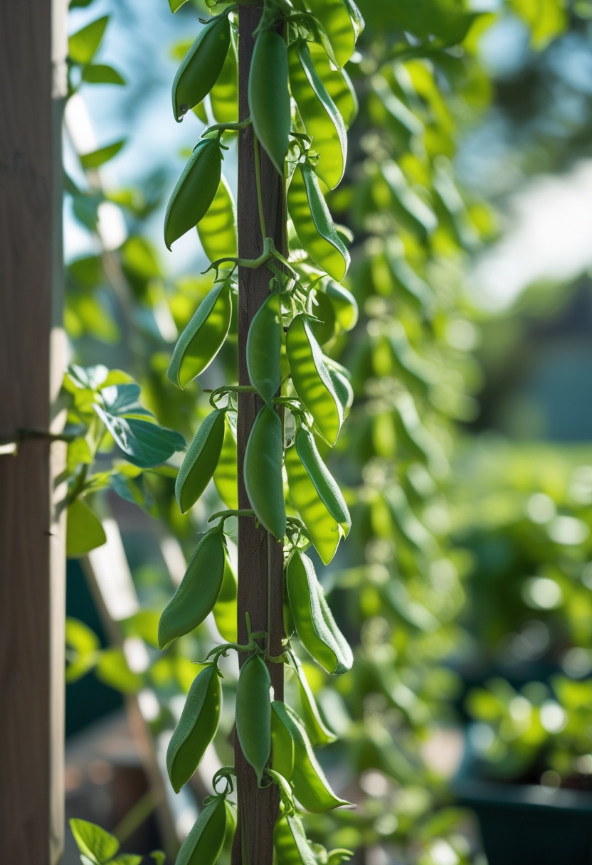 A vertical row of sugar snap pea plants growing on a trellis in a small garden space.