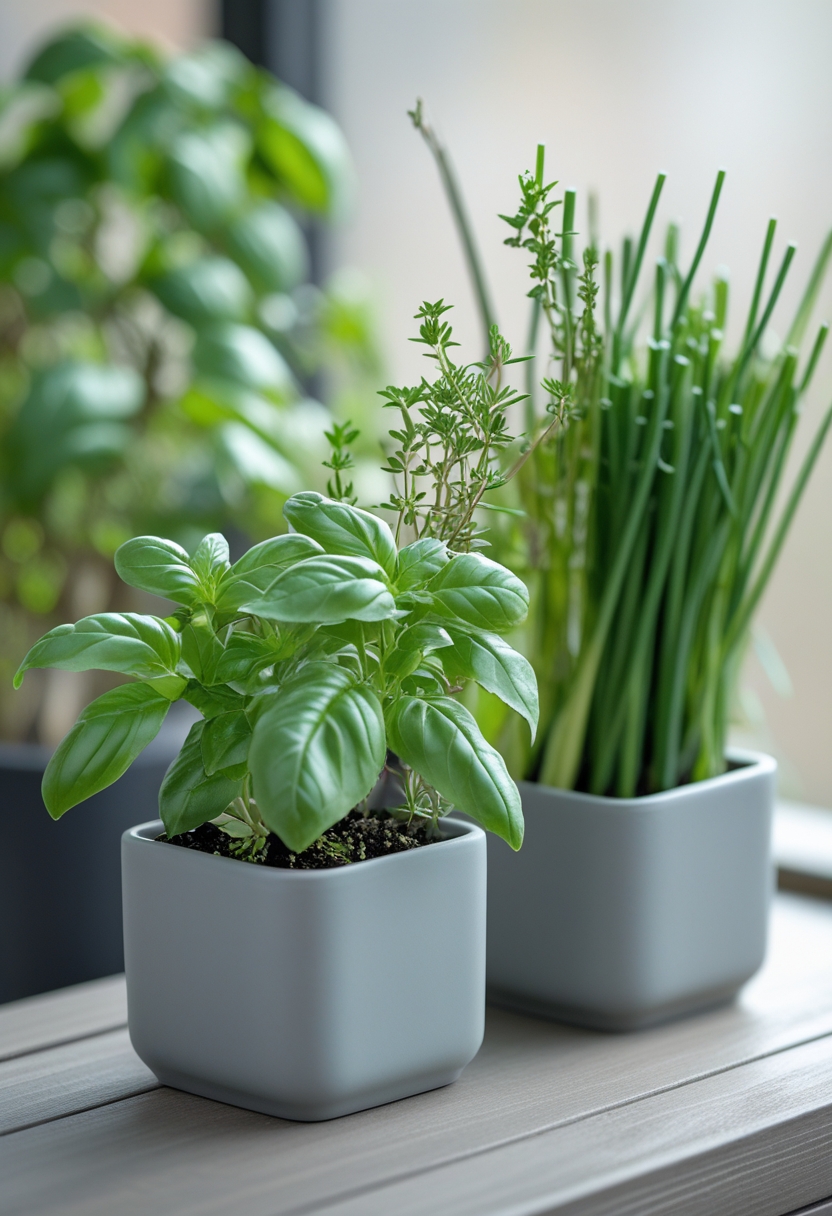 Three fresh herb plants—basil, thyme, and chives—growing in small pots on a wooden surface.